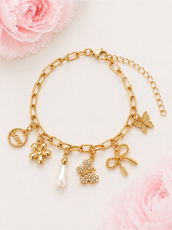 Mint Jewelry - Gold Tone Charm Bracelet LOVE Butterfly Bow Pearl Floral Adjustable